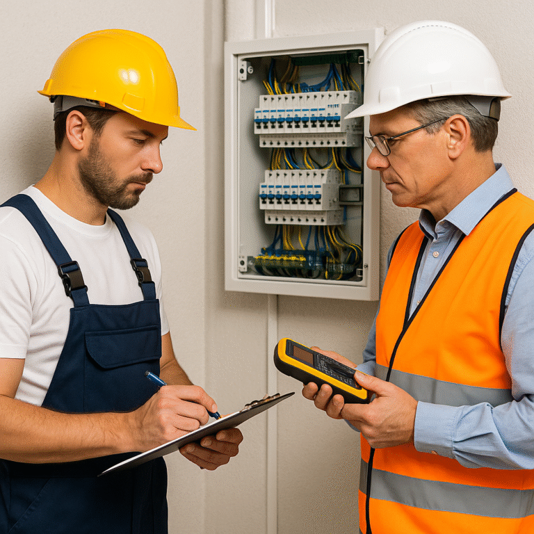 Inspector de un Organismo de Control Autorizado revisando un cuadro eléctrico junto a un electricista autorizado durante una inspección OCA en una instalación eléctrica en Majadahonda