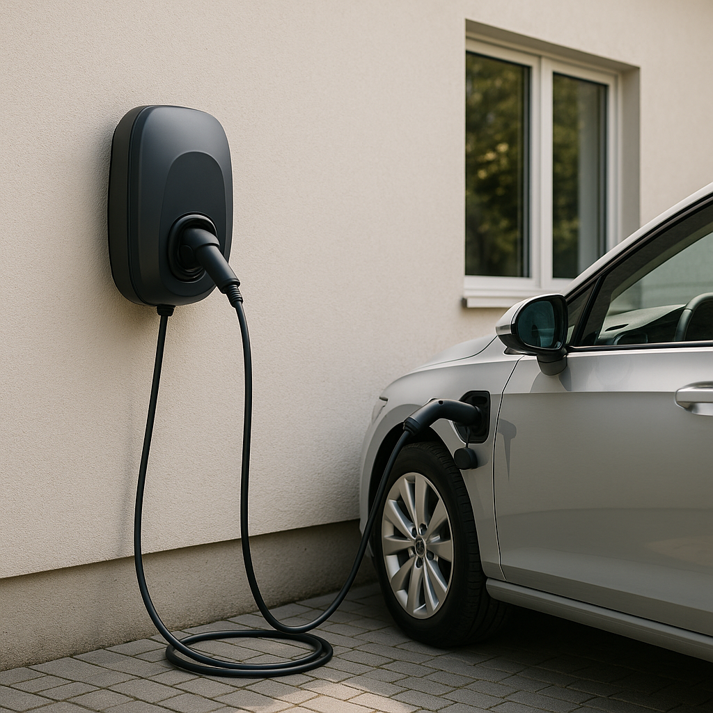 Instalación de punto de recarga para coche eléctrico en vivienda unifamiliar con wallbox conectado a vehículo