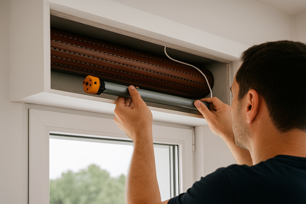 Electricista instalando motor tubular en persiana motorizada para integrar sistema domótico en hogar inteligente- majadahonda