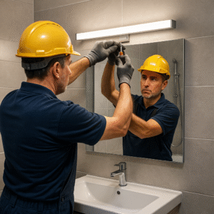Electricista profesional instalando luminaria LED sobre espejo de baño en Majadahonda, con reflejo coherente y diseño moderno.