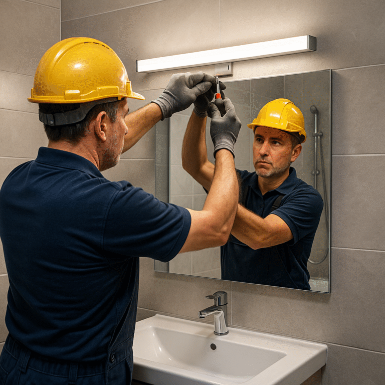 Electricista profesional instalando luminaria LED sobre espejo de baño en Majadahonda, con reflejo coherente y diseño moderno.