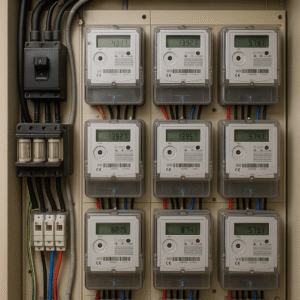 Sala de contadores eléctricos con medidores digitales centralizados, cableado ordenado y protecciones de seguridad en una instalación moderna