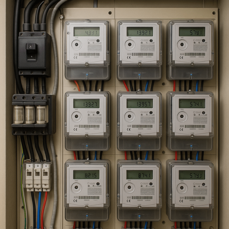 Sala de contadores eléctricos con medidores digitales centralizados, cableado ordenado y protecciones de seguridad en una instalación moderna