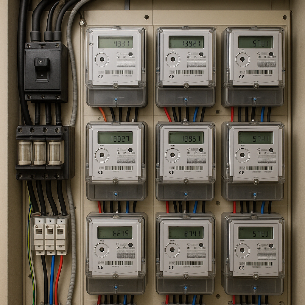 Sala de contadores eléctricos con medidores digitales centralizados, cableado ordenado y protecciones de seguridad en una instalación moderna