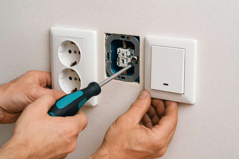 Primer plano de un electricista instalando un enchufe doble y un interruptor sobre una pared blanca, utilizando un destornillador de precisión.