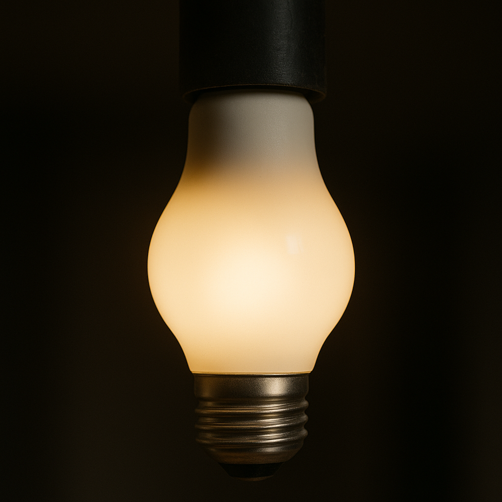 Bombilla LED iluminada emitiendo luz cálida sobre fondo oscuro desenfocado