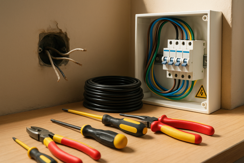 Fotografía hiperrealista de una instalación eléctrica en vivienda, mostrando cuadro eléctrico abierto, cables de colores y herramientas de electricista sobre mesa de trabajo, iluminado con luz natural.