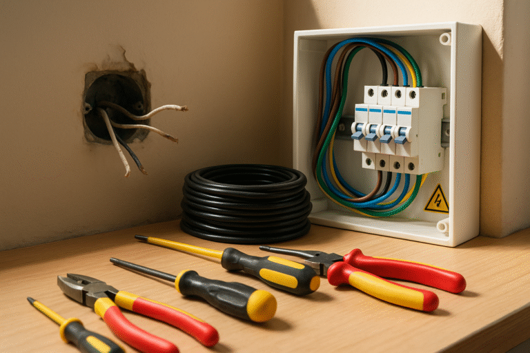 Fotografía hiperrealista de una instalación eléctrica en vivienda, mostrando cuadro eléctrico abierto, cables de colores y herramientas de electricista sobre mesa de trabajo, iluminado con luz natural.