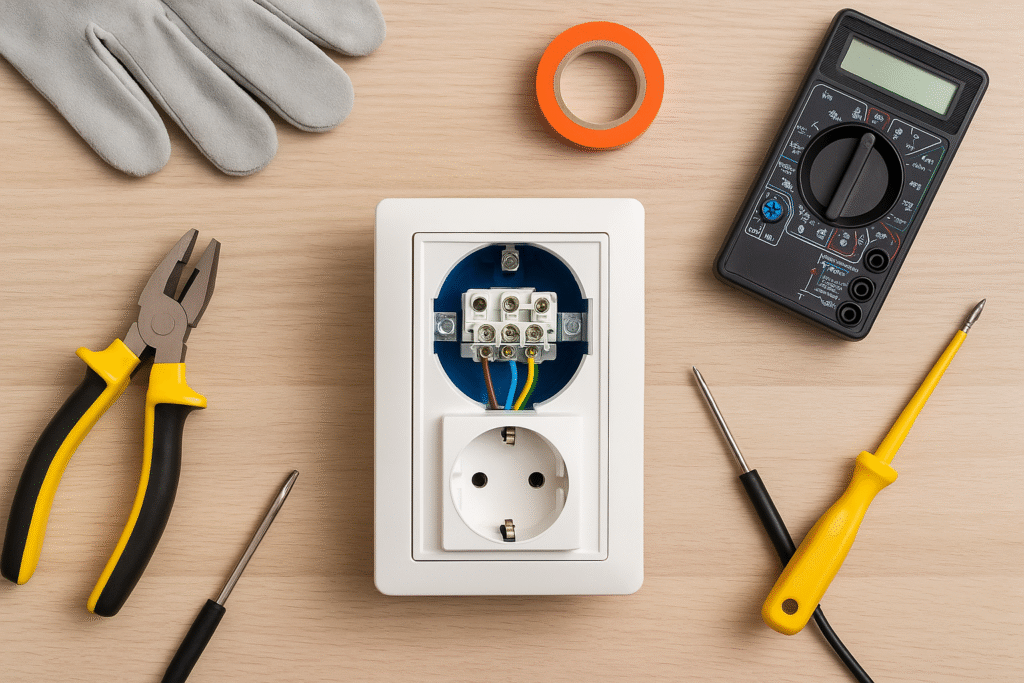 Herramientas y enchufe en proceso de instalación eléctrica paso a paso en Majadahonda